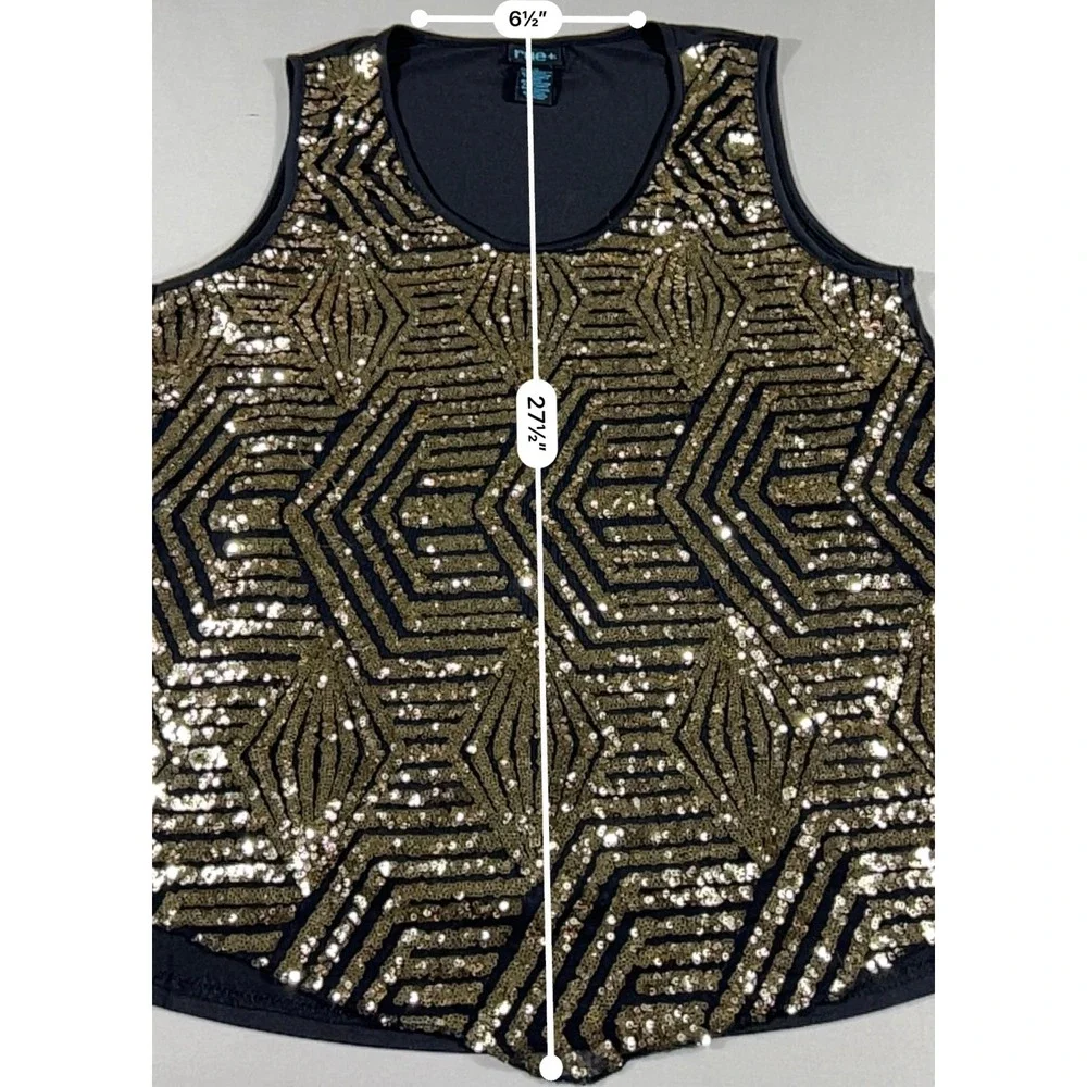 Rue+ Womens 1X Gold Sequin Geometric Art Deco Sleeveless Tank Top Black Party